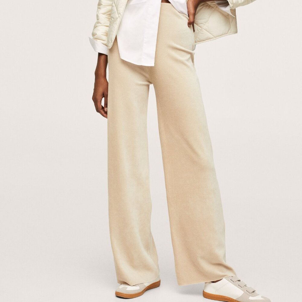 Mango Corduroy Pants with Black Ankle Cuffs and Puff Contrasting Hem Wide Beige